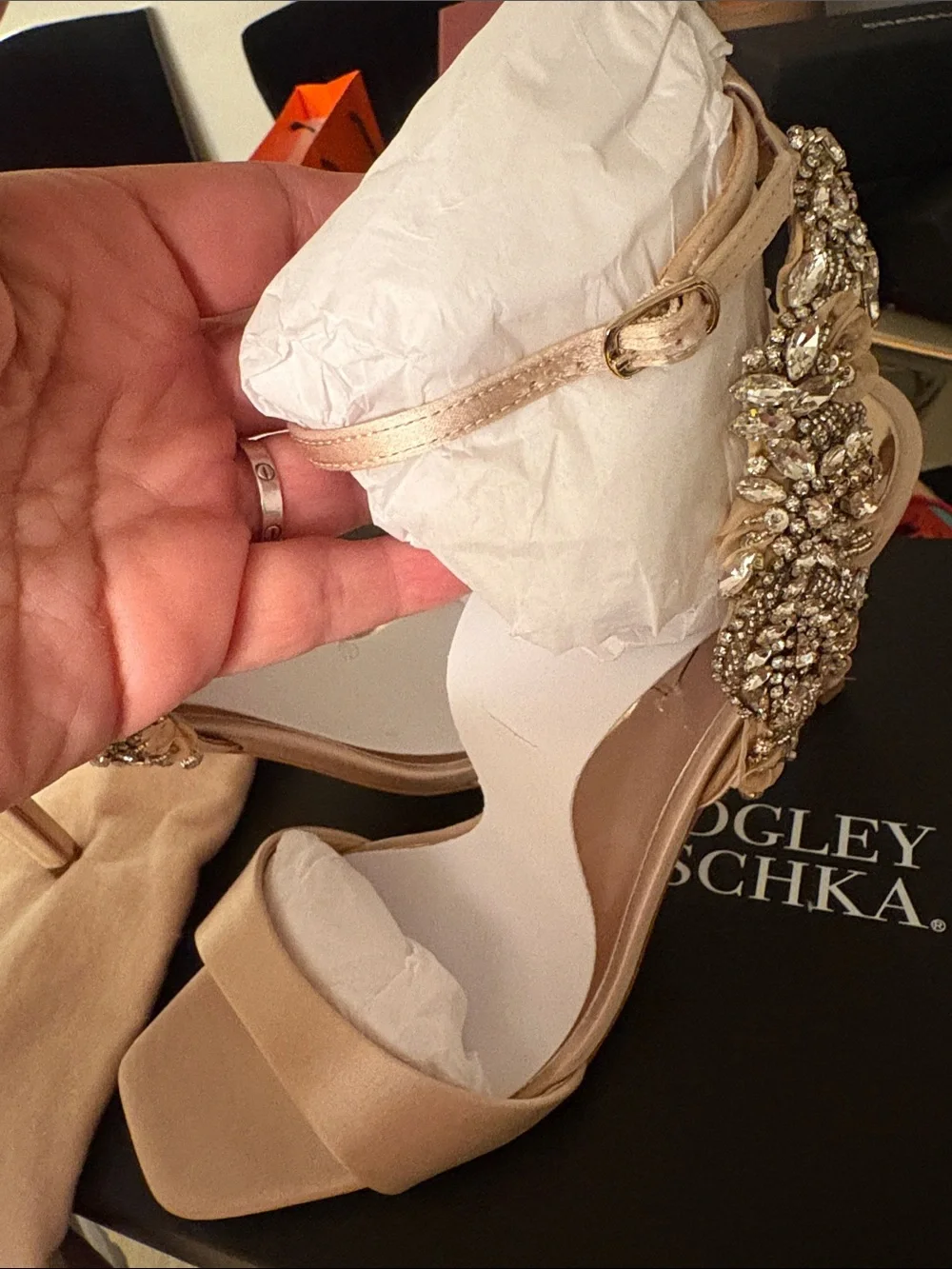 Badgley Mischka Rose Gold Crystal-Embellished Ankle-Strap Heels